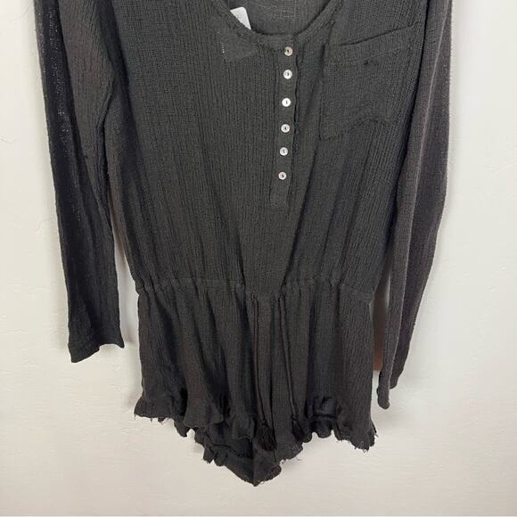 Free People Grey Gauze Henley Romper - Picture 3 of 9
